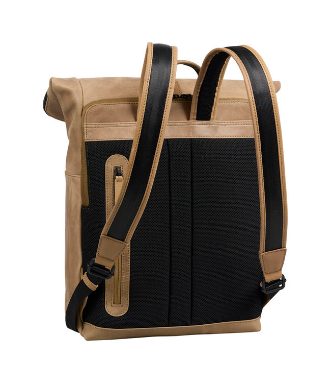 Bloomsbury Leren Rolltop 14 inch Laptop Rugtas - Unisex Rugzak - Dames en Heren - Echt Leer - Zandbruin