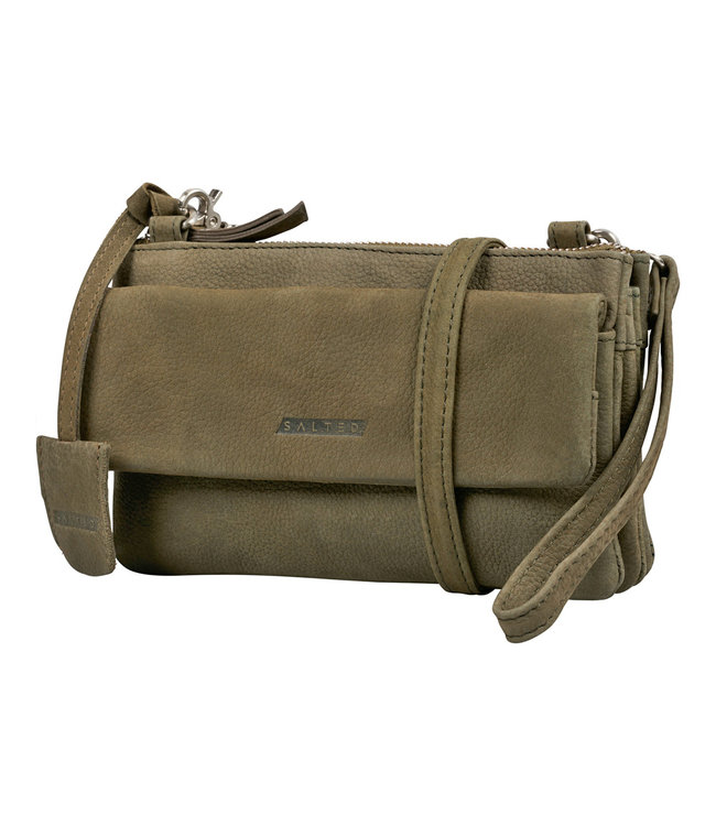 Salted Leren Dames Schoudertasje Minibag - Clutch - Nubuck Leer - Olijfgroen