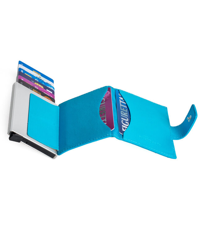 Figuretta Leren Cardprotector RFID Compact Creditcardhouder - Dames en Heren - Metallic Blauw