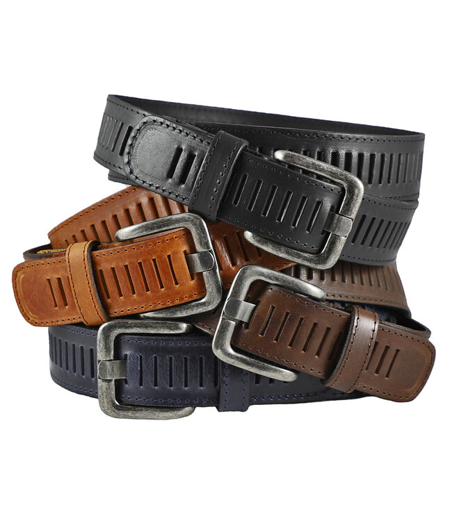 Houtkamp Leren Geperforeerde Sleufjes Riem - Dames en Heren - Volledig Nerfleer - Gestikte Rand - Echt Leer - Zwart