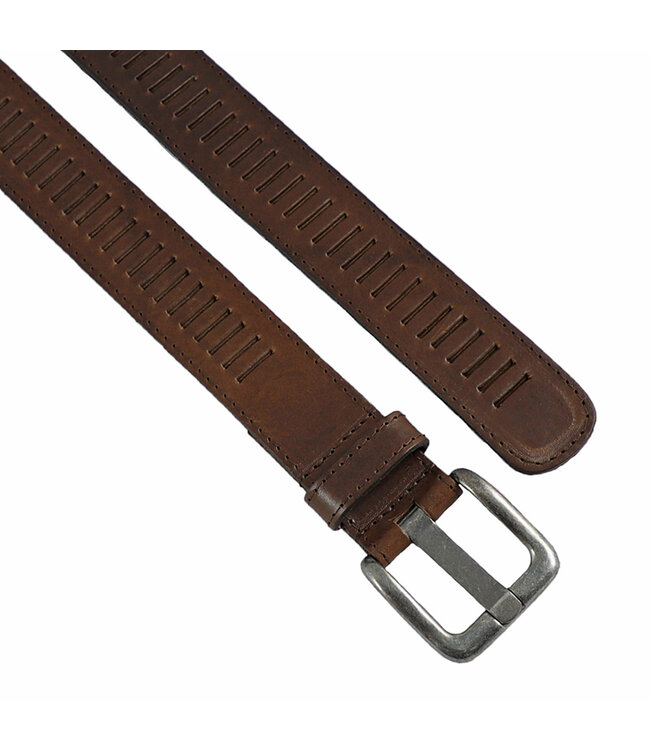 Houtkamp Leren Geperforeerde Sleufjes Riem - Dames en Heren - Volledig Nerfleer - Gestikte Rand - Echt Leer - Bruin