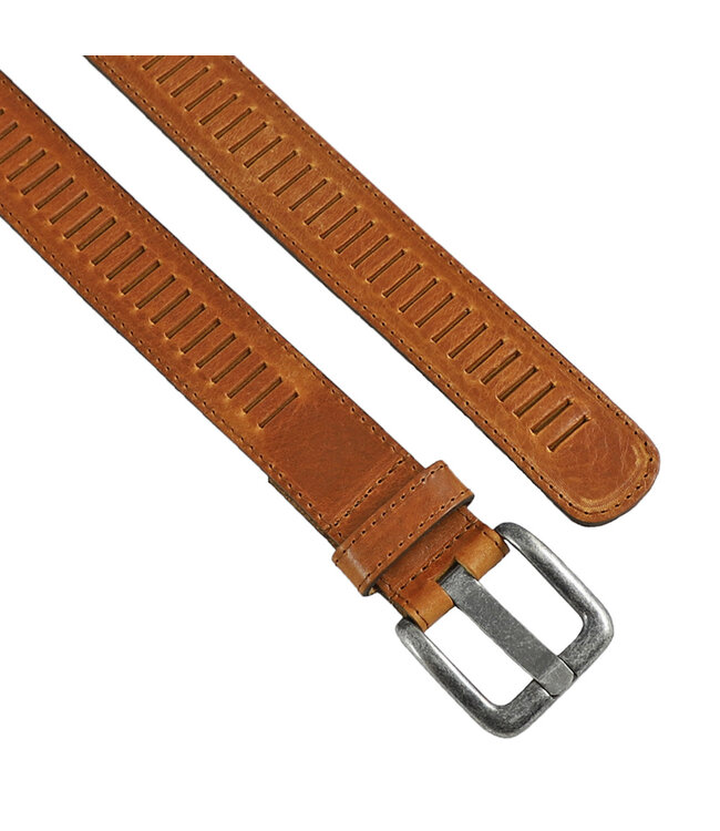 Houtkamp Leren Geperforeerde Sleufjes Riem - Dames en Heren - Volledig Nerfleer - Gestikte Rand - Echt Leer - Cognac