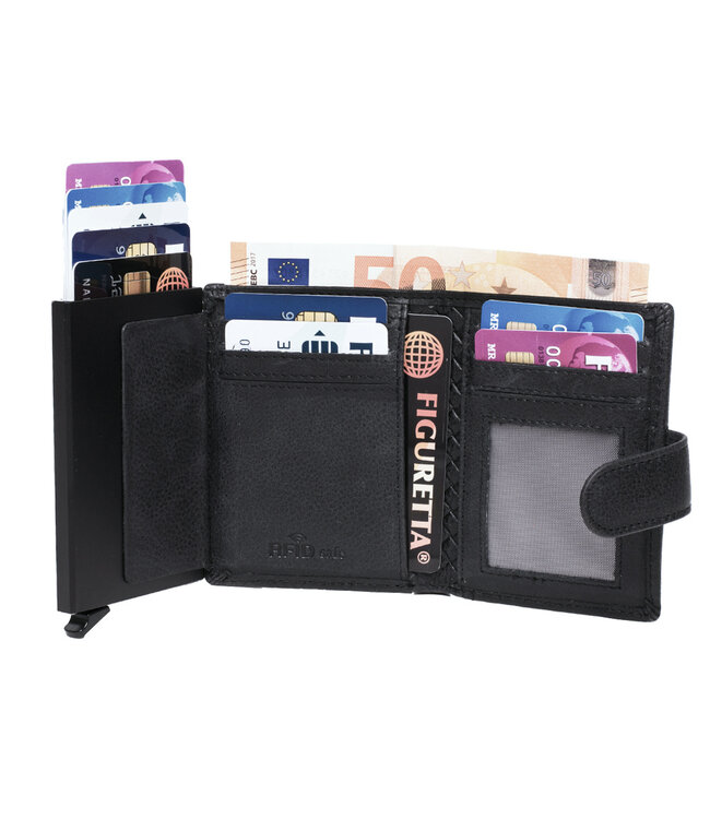 Figuretta RFID Creditcardhouder met Muntgeldvak - Cardprotector - Vlechtpatroon - Dames en Heren - Echt Leer - Zwart