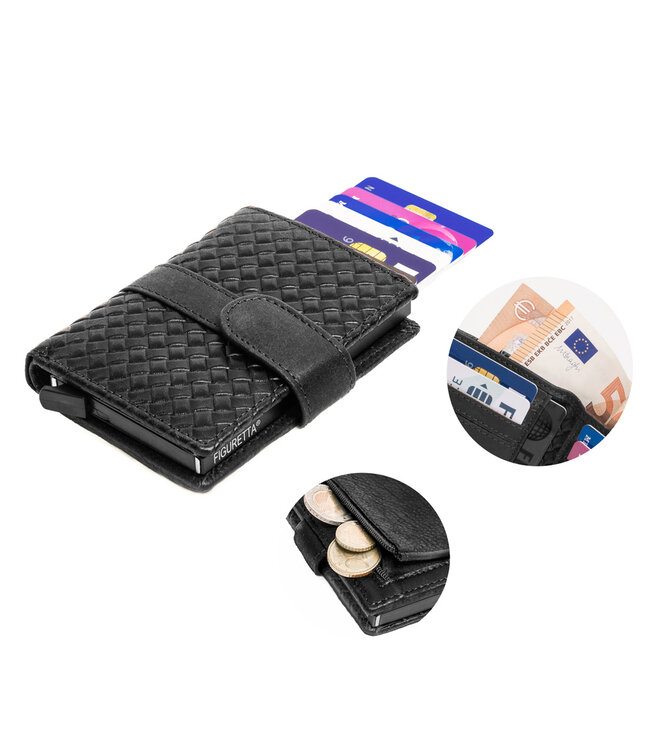 Figuretta RFID Creditcardhouder met Muntgeldvak - Cardprotector - Vlechtpatroon - Dames en Heren - Echt Leer - Zwart