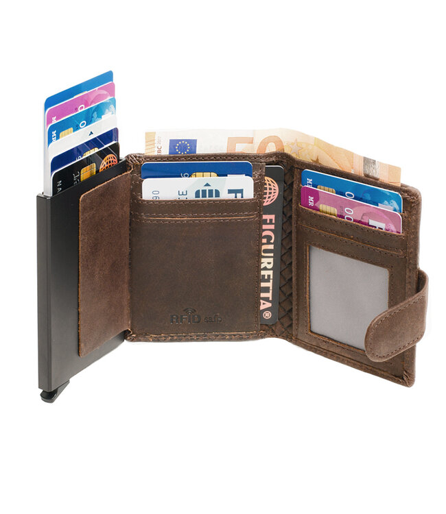 Figuretta RFID Creditcardhouder met Muntgeldvak - Cardprotector - Vlechtpatroon - Dames en Heren - Echt Leer - Bruin