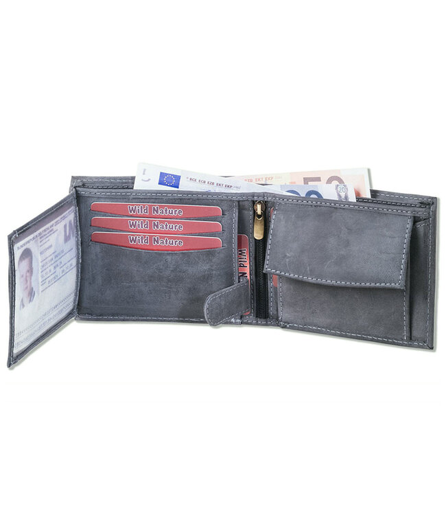 Wild Nature Leren Billfold Portemonnee - Heren - Leer - Donker grijs