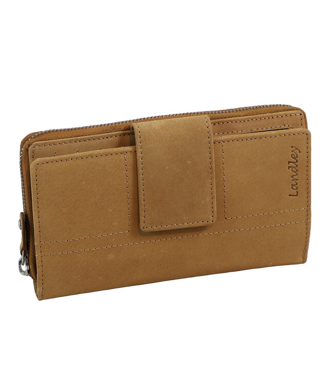 Landley Leren  Dames Portemonnee met Stiksels - Rits en Flap - Vintage Hunter Leer - Cognac