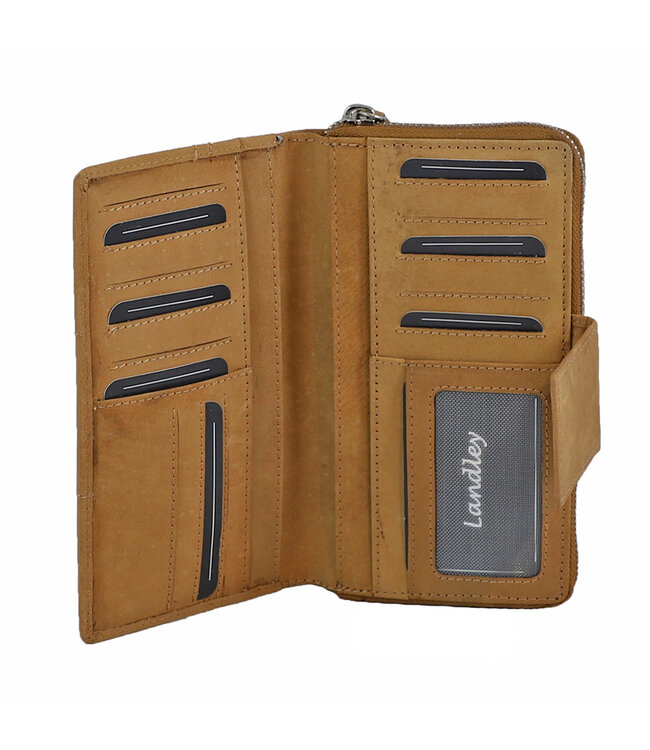 Landley Leren  Dames Portemonnee met Stiksels - Rits en Flap - Vintage Hunter Leer - Cognac