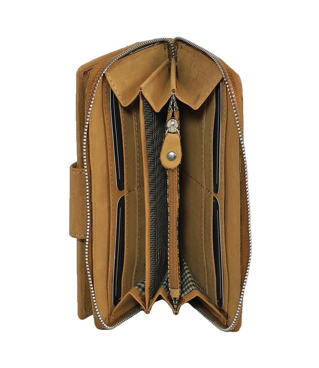 Landley Leren  Dames Portemonnee met Stiksels - Rits en Flap - Vintage Hunter Leer - Cognac