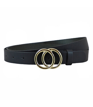 Landley Zwarte Dames Riem met Dubbele Ringen Gesp - Gouden Ringen - 3 cm breed - Echt Leer - Zwart / Goud