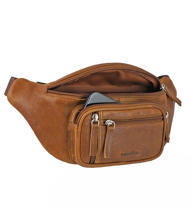 Landley Ruime Leren Heuptas - Buideltas - Dames / Heren / Unisex - Antique Vintage Pull-up Leer - Cognac