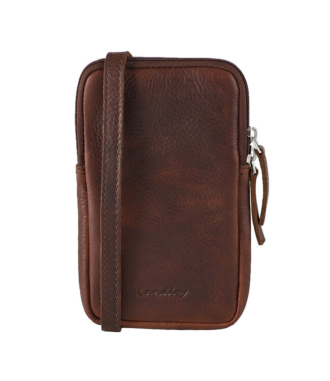 Landley Compact Leren Dames Telefoontasje - Antique Vintage Pull-up Leer - Donker Cognac / Bruin