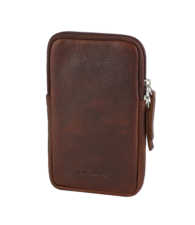 Landley Compact Leren Dames Telefoontasje - Antique Vintage Pull-up Leer - Donker Cognac / Bruin