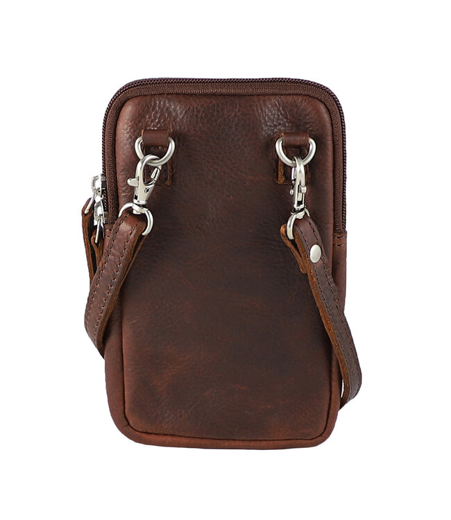 Landley Compact Leren Dames Telefoontasje - Antique Vintage Pull-up Leer - Donker Cognac / Bruin