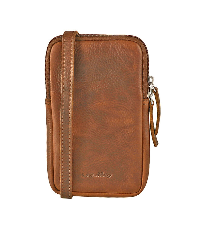 Landley Compact Leren Dames Telefoontasje - Antique Vintage Pull-up Leer - Cognac