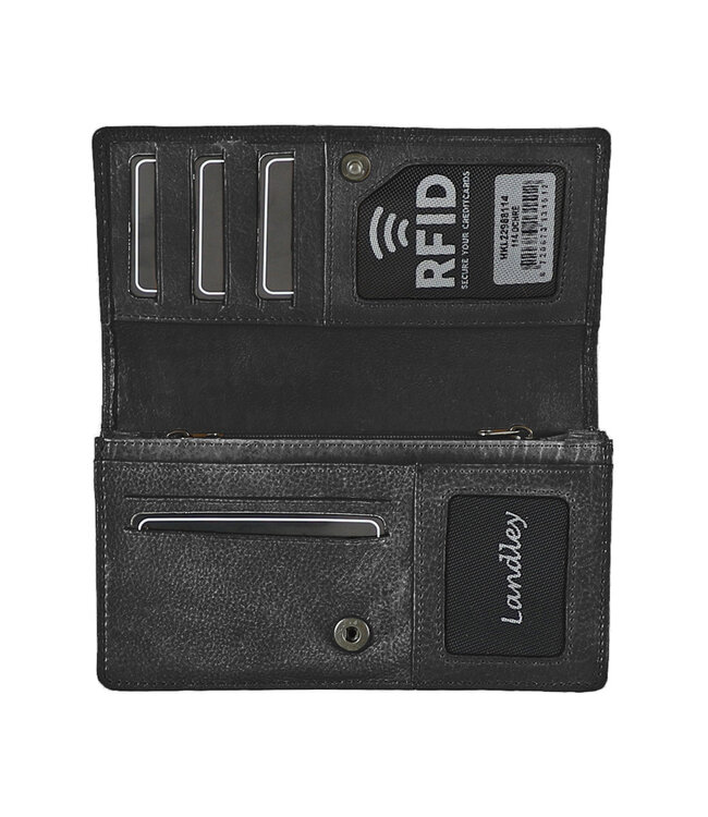 Landley Leren Dames Overslag Portemonnee - Gewassen Vintage Leer - Harmonica Rits Portemonnee - RFID - Vrouwen Portefeuille - Echt Leder - Zwart