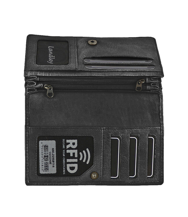 Landley Leren Dames Overslag Portemonnee - Gewassen Vintage Leer - Harmonica Rits Portemonnee - RFID - Vrouwen Portefeuille - Echt Leder - Zwart