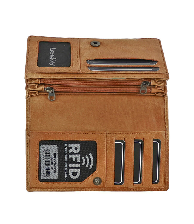 Landley Leren Dames Overslag Portemonnee - Gewassen Vintage Leer - Harmonica Rits Portemonnee - RFID - Vrouwen Portefeuille - Echt Leder - Cognac Bruin