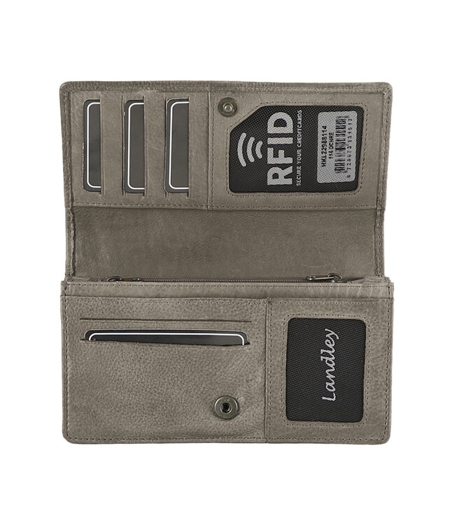 Landley Leren Dames Overslag Portemonnee - Gewassen Vintage Leer - Harmonica Rits Portemonnee - RFID - Vrouwen Portefeuille - Echt Leder - Taupe Grijs