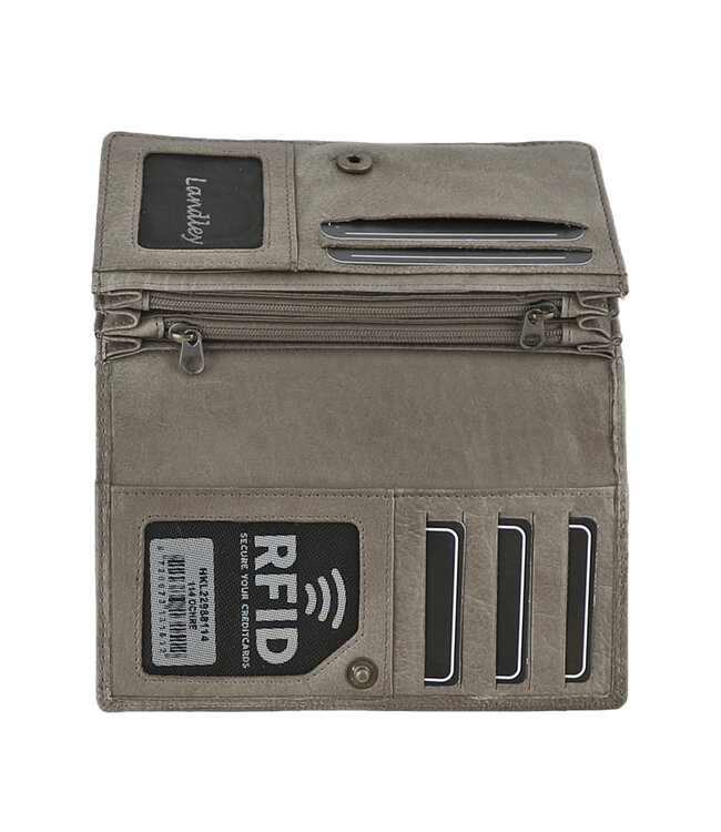 Landley Leren Dames Overslag Portemonnee - Gewassen Vintage Leer - Harmonica Rits Portemonnee - RFID - Vrouwen Portefeuille - Echt Leder - Taupe Grijs