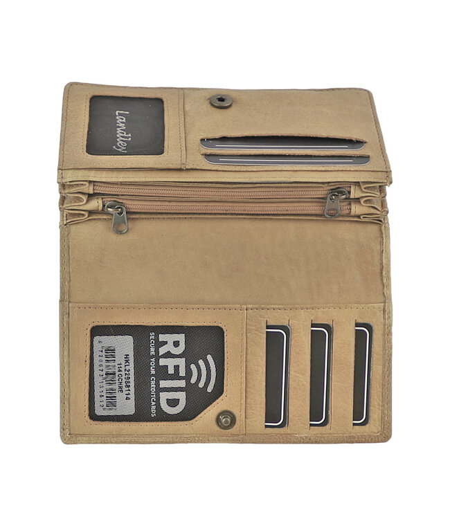 Landley Leren Dames Overslag Portemonnee - Gewassen Vintage Leer - Harmonica Rits Portemonnee - RFID - Vrouwen Portefeuille - Echt Leder - Beige Zand