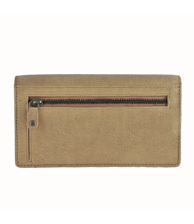 Landley Leren Dames Overslag Portemonnee - Gewassen Vintage Leer - Harmonica Rits Portemonnee - RFID - Vrouwen Portefeuille - Echt Leder - Beige Zand