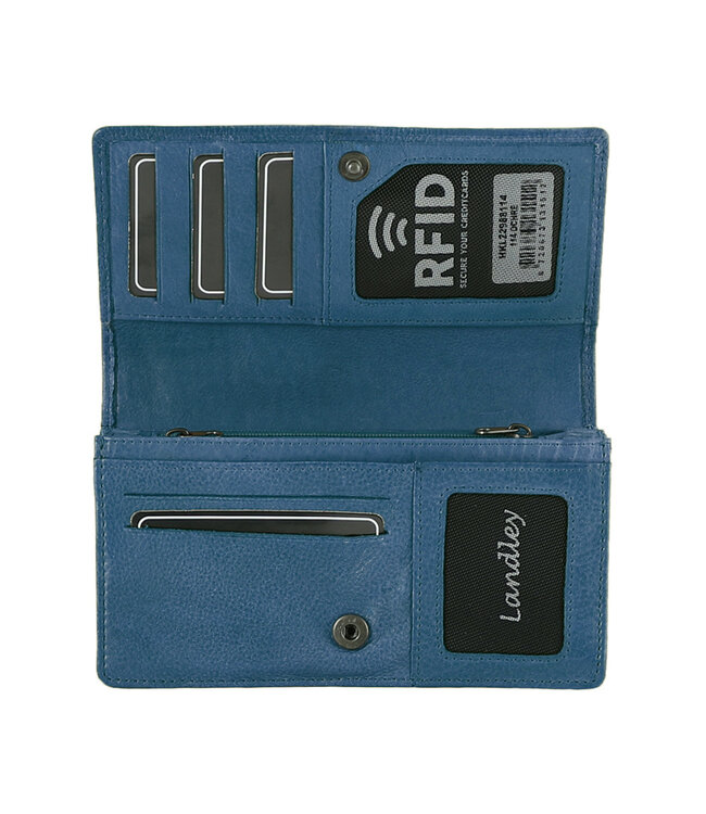 Landley Leren Dames Overslag Portemonnee - Gewassen Vintage Leer - Harmonica Rits Portemonnee - RFID - Vrouwen Portefeuille - Echt Leder - Jeans Blauw