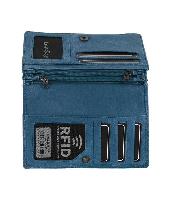 Landley Leren Dames Overslag Portemonnee - Gewassen Vintage Leer - Harmonica Rits Portemonnee - RFID - Vrouwen Portefeuille - Echt Leder - Jeans Blauw