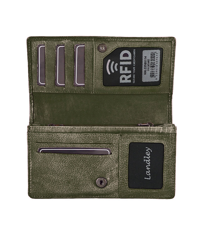 Landley Leren Dames Overslag Portemonnee - Gewassen Vintage Leer - Harmonica Rits Portemonnee - RFID - Vrouwen Portefeuille - Echt Leder - Olijfgroen