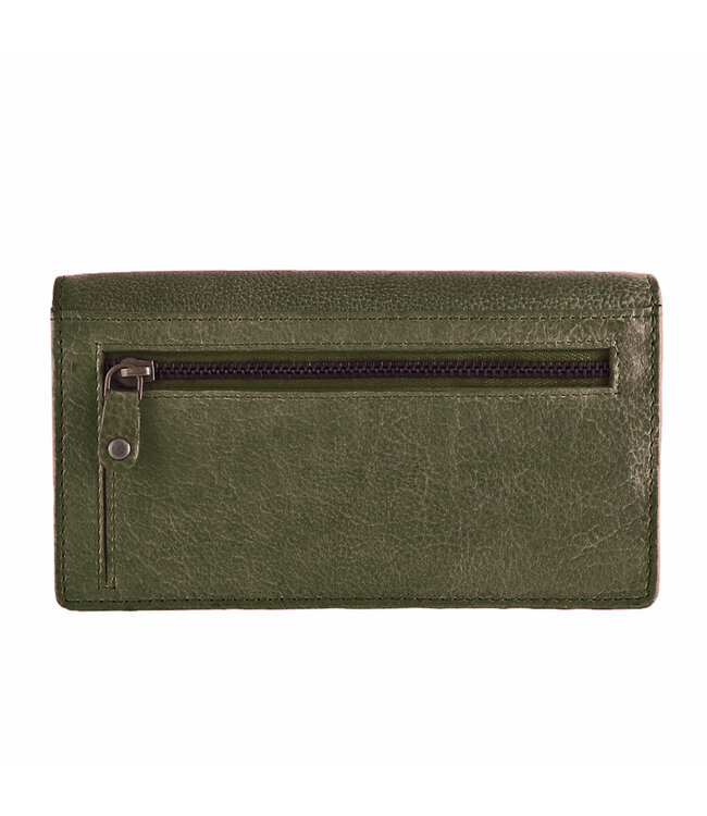 Landley Leren Dames Overslag Portemonnee - Gewassen Vintage Leer - Harmonica Rits Portemonnee - RFID - Vrouwen Portefeuille - Echt Leder - Olijfgroen