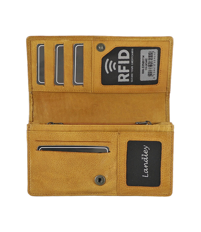 Landley Leren Dames Overslag Portemonnee - Gewassen Vintage Leer - Harmonica Rits Portemonnee - RFID - Vrouwen Portefeuille - Echt Leder - Oker Geel