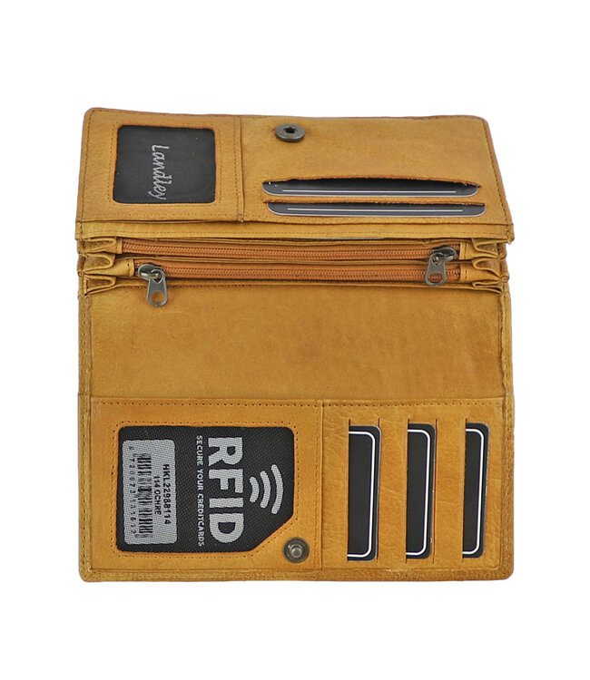 Landley Leren Dames Overslag Portemonnee - Gewassen Vintage Leer - Harmonica Rits Portemonnee - RFID - Vrouwen Portefeuille - Echt Leder - Oker Geel