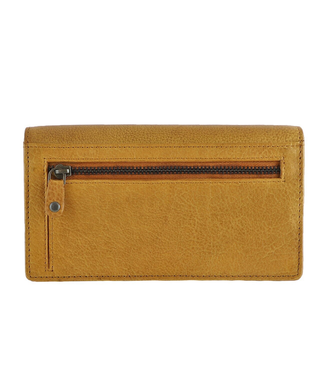 Landley Leren Dames Overslag Portemonnee - Gewassen Vintage Leer - Harmonica Rits Portemonnee - RFID - Vrouwen Portefeuille - Echt Leder - Oker Geel