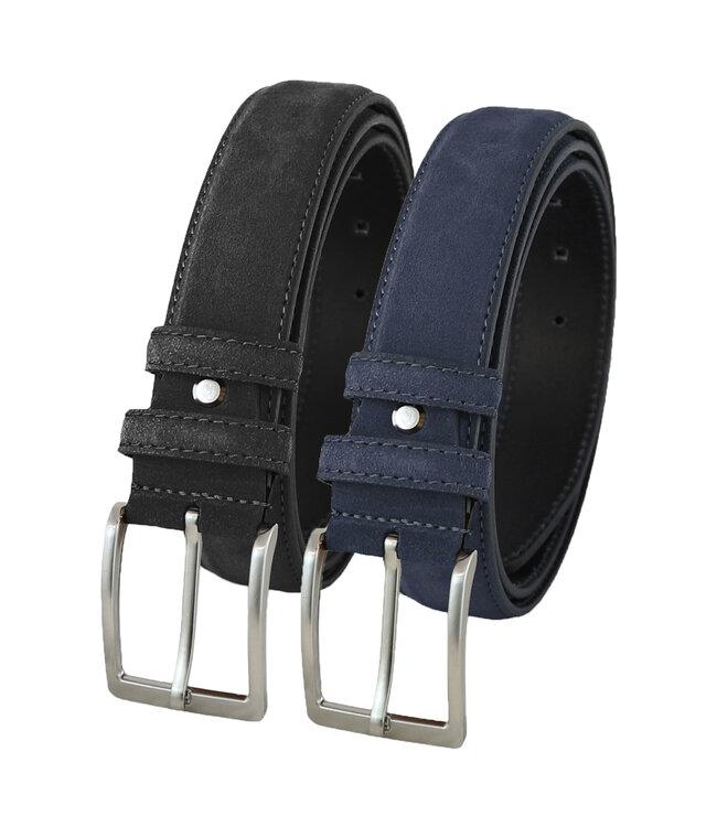 Landley Suede Pantalon Riemen Set -  Suède Leren Heren Riemen Duopack - Leer - Zwart en Blauw