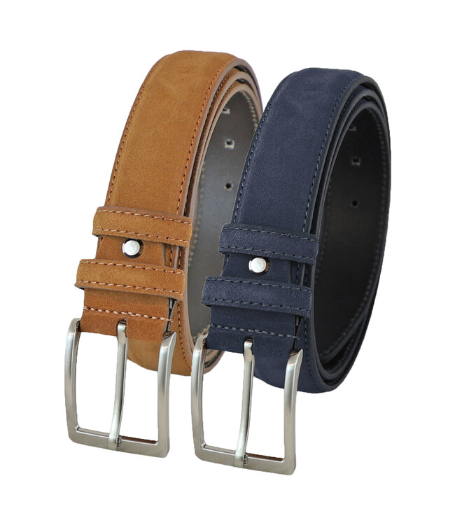 Landley Suede Pantalon Riemen Set -  Suède Leren Heren Riemen Duopack - Leer - Cognac en Blauw