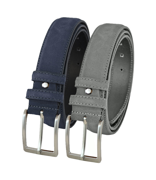 Landley Suede Pantalon Riemen Set -  Suède Leren Heren Riemen Duopack - Leer - Blauw en Grijs