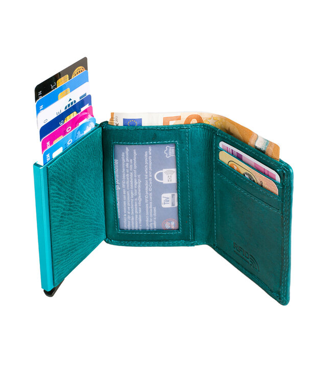 Figuretta Compacte Dames Portemonnee met Aluminium Creditcardhouder – RFID Bescherming – Inclusief Muntvak en Biljetvak – Echt Vintage Leer – Blauw