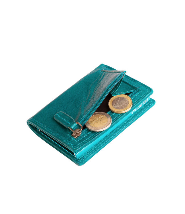 Figuretta Compacte Dames Portemonnee met Aluminium Creditcardhouder – RFID Bescherming – Inclusief Muntvak en Biljetvak – Echt Vintage Leer – Blauw