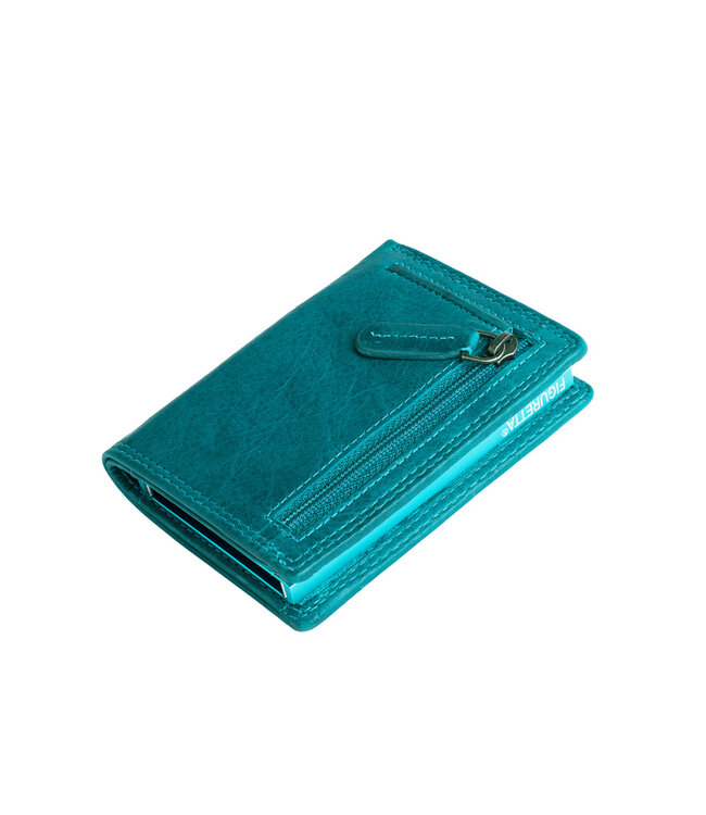 Figuretta Compacte Dames Portemonnee met Aluminium Creditcardhouder – RFID Bescherming – Inclusief Muntvak en Biljetvak – Echt Vintage Leer – Blauw