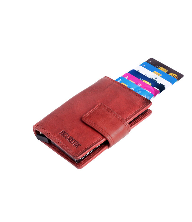 Figuretta Compacte Dames Portemonnee met Aluminium Creditcardhouder – RFID Bescherming – Inclusief Muntvak en Biljetvak – Echt Vintage Leer – Rood