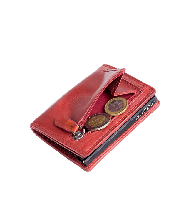 Figuretta Compacte Dames Portemonnee met Aluminium Creditcardhouder – RFID Bescherming – Inclusief Muntvak en Biljetvak – Echt Vintage Leer – Rood
