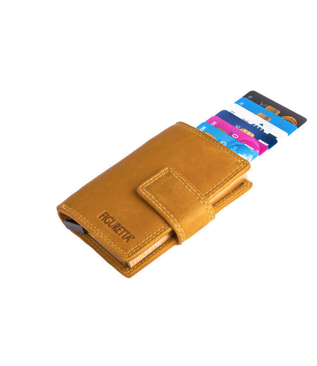 Figuretta Compacte Dames Portemonnee met Aluminium Creditcardhouder – RFID Bescherming – Inclusief Muntvak en Biljetvak – Echt Vintage Leer – Geel