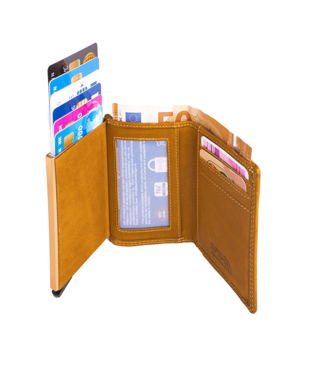 Figuretta Compacte Dames Portemonnee met Aluminium Creditcardhouder – RFID Bescherming – Inclusief Muntvak en Biljetvak – Echt Vintage Leer – Geel