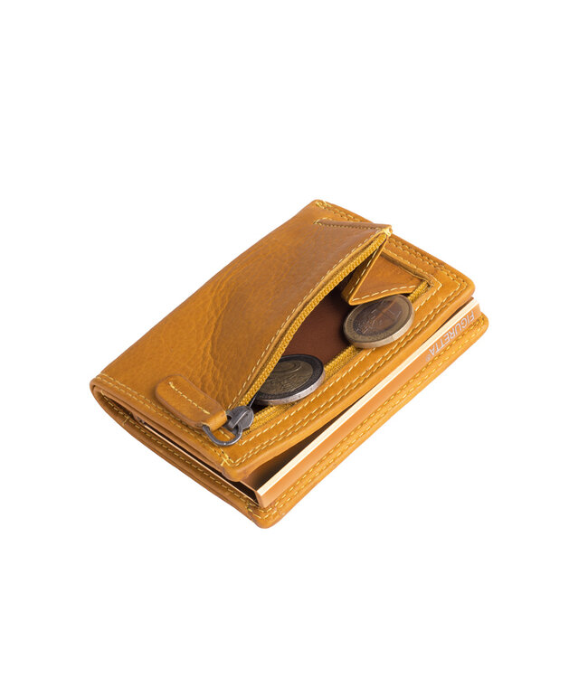 Figuretta Compacte Dames Portemonnee met Aluminium Creditcardhouder – RFID Bescherming – Inclusief Muntvak en Biljetvak – Echt Vintage Leer – Geel