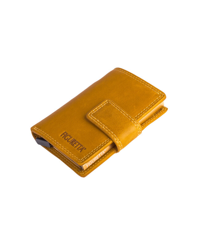 Figuretta Compacte Dames Portemonnee met Aluminium Creditcardhouder – RFID Bescherming – Inclusief Muntvak en Biljetvak – Echt Vintage Leer – Geel