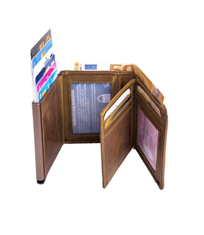 Figuretta Heren Portemonnee met Aluminium Creditcardhouder – Slim Wallet met Cardprotector voor 6 pasjes – Briefgeld- en Muntgeldvak – Hunter Bruin