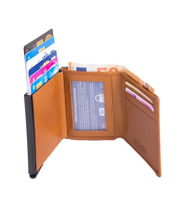 Figuretta Heren Portemonnee Leer met Creditcardhouder - RFID Cardprotector met Munt- en Briefgeldvak - Blue-Line - Cognac
