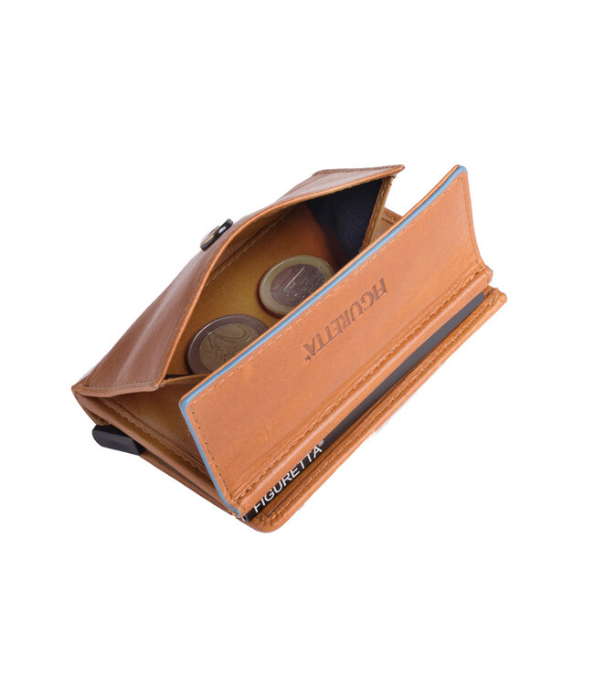 Figuretta Heren Portemonnee Leer met Creditcardhouder - RFID Cardprotector met Munt- en Briefgeldvak - Blue-Line - Cognac
