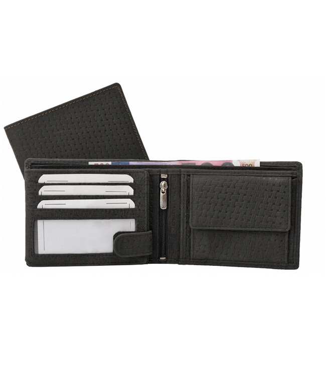Houtkamp Heren Billfold Portemonnee – Echt Leer – Zwart met Vlechtpatroon