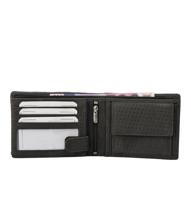 Houtkamp Heren Billfold Portemonnee – Echt Leer – Zwart met Vlechtpatroon